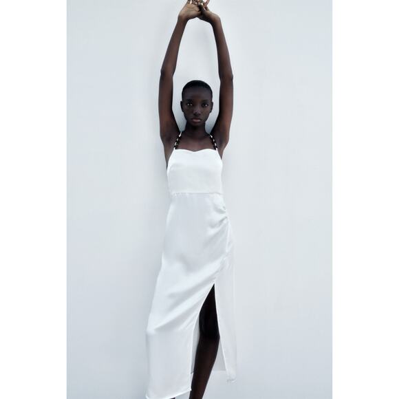 Zara Light Blue Chain Strap Satin Effect Midi Dress Size Medium Cocktail - Picture 2 of 14